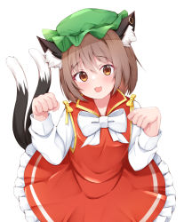Rule 34 | 1girl, :3, animal ear fluff, animal ears, blush, bow, bowtie, breasts, brown eyes, brown hair, cat ears, cat tail, chen, collared dress, commentary request, dress, earrings, frilled dress, frills, green hat, hat, head tilt, jewelry, leaning forward, long sleeves, looking at viewer, mob cap, multiple tails, nekomata, open mouth, orange dress, paw pose, rururiaru, shirt, short hair, simple background, single earring, small breasts, solo, tail, touhou, two tails, upper body, white background, white bow, white bowtie, white shirt