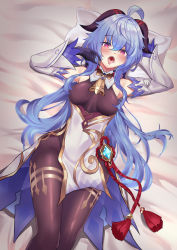 Rule 34 | 1girl, ahoge, bed sheet, bell, black bodysuit, black gloves, blue hair, blush, bodysuit, bow, breasts, commentary request, detached sleeves, ganyu (genshin impact), genshin impact, gloves, hair between eyes, hair bow, hair ribbon, heart, heart-shaped pupils, highres, horns, long hair, looking at viewer, looking up, lying, medium breasts, neck bell, open mouth, pillow, purple eyes, ribbon, saliva, seabread, solo, symbol-shaped pupils, tongue, vision (genshin impact)