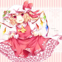 Rule 34 | 1girl, ascot, bad id, bad pixiv id, blonde hair, bow, character name, clothes lift, embodiment of scarlet devil, fang, female focus, flandre scarlet, flower, food, frills, fruit, gathers, hat, open mouth, red eyes, ribbon, sanotsuki, short hair, side ponytail, skirt, skirt lift, smile, solo, strawberry, strawberry blossoms, touhou, wings