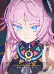 1girl :&gt; absurdres bare_shoulders black_nails blue_eyes braid character_name citlali_(genshin_impact) colored_eyelashes facial_mark forehead_mark genshin_impact highres index_finger_raised long_hair looking_at_viewer nail_polish partially_translated pink_hair single_braid sleeveless solo translation_request upper_body wada_(zes16)