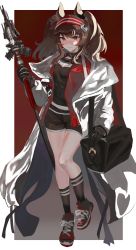 Rule 34 | 1girl, absurdres, angelina (arknights), animal ears, arknights, bad id, bad pixiv id, bag, bburi, black choker, black gloves, black shirt, black shorts, black socks, brown hair, carrying, character name, choker, coat, cross-laced footwear, double horizontal stripe, duffel bag, gloves, grey footwear, headband, highres, holding, holding polearm, holding spear, holding weapon, long sleeves, looking at viewer, medium hair, open collar, outside border, polearm, red background, red eyes, red headband, shirt, shoes, short shorts, shorts, sketch, sneakers, socks, solo, spear, standing, standing on one leg, twintails, weapon, white coat