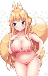Rule 34 | 1girl, animal ears, blonde hair, blue eyes, blush, bow, bow panties, bra, braid, breasts, cleavage, closed mouth, collarbone, commentary request, double bun, fox ears, fox tail, gluteal fold, hair bun, hand on own chest, highres, lace, lace-trimmed bra, lace-trimmed panties, lace trim, large breasts, lips, long hair, miyano ururu, multiple tails, nail polish, navel, original, panties, red bra, red nails, red panties, simple background, solo, standing, tail, thigh gap, twin braids, underwear, underwear only, very long hair
