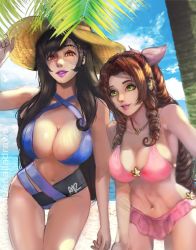 Rule 34 | 2girls, aerith gainsborough, arialla draws, beach, bikini, breasts, brown hair, cleavage, collarbone, commentary, costa del sol, english commentary, final fantasy, final fantasy vii, final fantasy vii remake, green eyes, hair ribbon, hat, highres, large breasts, lipstick, long hair, looking at viewer, makeup, midriff, multiple girls, navel, outdoors, palm tree, parted bangs, pink bikini, pink lips, ponytail, purple lips, red eyes, ribbon, square enix, sun hat, sunlight, swept bangs, swimsuit, tifa lockhart, tree, twitter username, watermark, web address