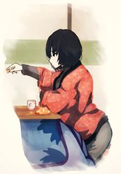 Rule 34 | 1girl, absurdres, amagami, black hair, black shirt, blanket, bob cut, brown eyes, commentary request, cup, food, fruit, giving, grey pants, hair strand, hanten (clothes), highres, holding, holding food, jacket, japanese clothes, kotatsu, long sleeves, mandarin orange, nanasaki ai, on wall, orange (fruit), orange slice, pale skin, pants, partial commentary, patterned clothing, raised eyebrows, red jacket, shirt, short hair, short sleeves, shouji, sitting, sliding doors, solo, table, teacup, tenpanco, turtleneck, wide sleeves