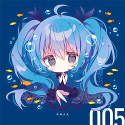 Rule 34 | 1girl, amano mizu, aqua hair, barefoot, black dress, black ribbon, blue background, blush, bubble, chibi, closed mouth, commentary request, dress, fish, frilled dress, frills, full body, grey eyes, hair between eyes, hair ribbon, hatsune miku, long hair, looking at viewer, own hands together, ribbon, shinkai shoujo (vocaloid), single bare shoulder, sleeveless, sleeveless dress, solo, twintails, underwater, vocaloid, water