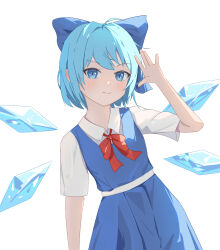 Rule 34 | 1girl, \||/, ahoge, arm up, blue bow, blue dress, blue eyes, blue hair, blush, bow, cirno, closed mouth, commentary request, dress, f yren, flat chest, gradient background, hair bow, hand up, highres, ice, ice wings, light smile, looking at viewer, petite, pinafore dress, short hair, short sleeves, simple background, sleeveless, sleeveless dress, solo, touhou, white background, wing collar, wings