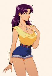 Rule 34 | 1girl, bare arms, bare legs, belt, blanclauz, blue shorts, breasts, brown belt, casual, cleavage, cross, cross necklace, cutoffs, earrings, hand up, high-waist shorts, jewelry, katsuragi misato, long hair, looking to the side, medium breasts, neck, necklace, neon genesis evangelion, purple eyes, purple hair, short shorts, shorts, simple background, solo, standing, stud earrings, tan background, tank top, watch, wristwatch, yellow tank top