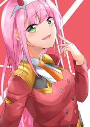 Rule 34 | 10s, 1girl, :d, darling in the franxx, green eyes, hairband, horns, long hair, looking at viewer, military, military uniform, oni horns, open mouth, pink hair, red horns, smile, smug, solo, sunhyun, uniform, white hairband, zero two (darling in the franxx)