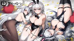 Rule 34 | 3girls, animal, animal ears, arm support, ass, azur lane, bare shoulders, bed sheet, between breasts, bird, black leotard, blue eyes, blush, braid, breasts, cleavage, closed mouth, commentary request, copyright name, detached collar, elbow gloves, fake animal ears, fake tail, frills, from side, garter straps, gloves, grey hair, hair ornament, hand on own chest, heart, heart-shaped pillow, highleg, highleg leotard, kursk (azur lane), large breasts, leotard, loading screen, logo, long hair, looking at viewer, lying, maenoo, mainz (azur lane), manjuu (azur lane), multiple girls, necktie, official art, on back, pantyhose, parted lips, petals, pillow, playboy bunny, rabbit ears, rabbit tail, red eyes, sevastopol (azur lane), shiny skin, sideboob, sitting, small breasts, smile, strapless, strapless leotard, tail, thighhighs, white hair