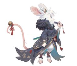 1other androgynous animal_ears barefoot bell black_kimono blue_eyes floral_print folding_fan full_body fur_trim furry hand_fan holding holding_fan japanese_clothes kimono mouse_ears mouse_tail notched_ear original other_focus pants profile shin_guards simple_background solo tail tail_bell tail_ornament tang_zhu white_background white_pants