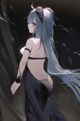 Rule 34 | 1girl, ahoge, ass, back, backless outfit, black dress, blue hair, blush, breasts, dress, from behind, ganyu (genshin impact), genshin impact, highres, horns, kyoro ina, long hair, looking at viewer, looking back, low ponytail, medium breasts, purple eyes, solo, standing