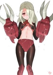 Rule 34 | 1girl, blonde hair, breasts, claws, gundam, hair over one eye, highres, long hair, looking at viewer, mecha, midriff, mobile suit gundam, navel, one eye covered, personification, red eyes, robot, solo, stomach, underboob, weapon, wet, yd (orange maru), z&#039;gok