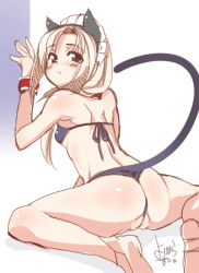 Rule 34 | 1girl, :&lt;, against wall, animal ears, ass, back, barefoot, bikini, blonde hair, blue eyes, blush, breasts, cat ears, cat tail, cleft of venus, fake animal ears, fake tail, fat mons, feet, flat chest, from behind, kneeling, leaning forward, long hair, looking back, lowres, maid headdress, original, partially visible vulva, sketch, small breasts, soles, solo, swimsuit, tail, thong bikini, uncensored, underboob, wedgie, wristband, yoshihara maito