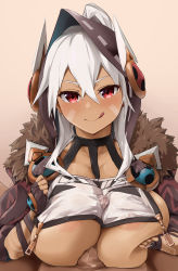 Rule 34 | 1boy, 1girl, :q, absurdres, alternate breast size, areola slip, azur lane, blush, bodypaint, breast curtain, breasts, brown background, brown cape, brown gloves, brown hood, cape, censored, closed mouth, commentary request, covered erect nipples, crossed bangs, dark-skinned female, dark skin, facepaint, fingerless gloves, fur-trimmed cape, fur trim, gloves, hair between eyes, hetero, high ponytail, highres, hood, hood up, huge breasts, long hair, looking at viewer, minneapolis (azur lane), mosaic censoring, multicolored cape, multicolored clothes, oza osuwari, paizuri, paizuri under clothes, penis, pov, red cape, red eyes, simple background, smile, solo focus, tongue, tongue out, upper body, very long hair, white hair