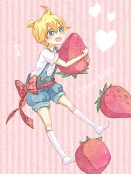 Rule 34 | 1boy, bad id, bad pixiv id, blonde hair, blue eyes, food, fruit, heart, holding, holding food, holding fruit, kagamine len, male focus, poco24, ribbon, short hair, smile, solo, strawberry, vocaloid