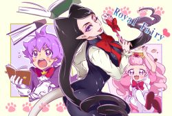 Rule 34 | 1boy, 2girls, ;), aroma (go! princess precure), aroma (go! princess precure) (human), black hair, bloomers, blue eyes, book, breasts, cat tail, chiyo (rotsurechiriha), gloves, go! princess precure, lips, long hair, looking at viewer, miss siamour, miss siamour (human), multiple girls, one eye closed, open mouth, pink hair, pointy ears, precure, puff (go! princess precure), puff (go! princess precure) (human), purple eyes, purple hair, short hair, smile, tail, tiara, twintails, very long hair, white bloomers, white gloves