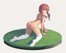 Rule 34 | 1girl, absurdres, all fours, ass, bikini, breasts, brown eyes, butt crack, highres, looking at viewer, looking back, micro bikini, open mouth, original, pink hair, short hair, short hair with long locks, simple background, solo, swimsuit, thighhighs, zhangyushao