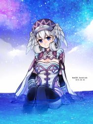 Rule 34 | 1girl, bad id, bad pixiv id, blue eyes, cape, curly hair, gloves, haruto yuki, hat, head wings, highres, melia antiqua, nintendo, partially submerged, silver hair, solo, thighhighs, wings, xenoblade chronicles (series), xenoblade chronicles 1