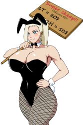 Rule 34 | 1girl, animal costume, animal ears, black background, blonde hair, blue eyes, blush, breasts, cleavage, dark background, ear piercing, fake animal ears, female focus, fishnet pantyhose, fishnets, hand on own hip, highres, holding, holding sign, huge breasts, large breasts, leotard, naruho, naruto, naruto (series), naruto shippuuden, pantyhose, piercing, playboy bunny, ponytail, prostitution, rabbit ears, rabbit tail, sign, smile, solo, tagme, tail, yamanaka ino