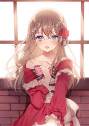 Rule 34 | 1girl, a20 (atsumaru), blue eyes, blush, bow, brick wall, brown hair, collarbone, dress, flower, hair between eyes, hair bow, hair flower, hair ornament, highres, kyuutei tan&#039;yashi no shawasena nichijou, long hair, long sleeves, looking at viewer, novel illustration, off-shoulder dress, off shoulder, official art, open mouth, red dress, red flower, red ribbon, ribbon, solo, standing, striped, striped bow, very long hair, white flower