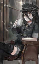 Rule 34 | 1girl, animal ears, basaru 1106, belt, black belt, black coat, black gloves, black hat, black thighhighs, chair, coat, collared shirt, cup, expressionless, garter straps, gloves, grey shorts, hair between eyes, half gloves, hat, highres, holding, holding cup, horse ears, horse girl, jewelry, long bangs, long hair between eyes, looking to the side, manhattan cafe (umamusume), mug, multiple rings, necktie, on chair, ring, shirt, shorts, sitting, solo, steam, thighhighs, umamusume, white shirt, window, yellow eyes, yellow necktie