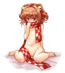 Rule 34 | 1girl, bell, blush, brown hair, cleft of venus, embarrassed, hair bell, hair ornament, motoori kosuzu, naegi (naegidokoro), naked scarf, navel, nude, pink eyes, pussy, scarf, scarf over mouth, sitting, solo, touhou, twintails, two side up, uncensored, wariza
