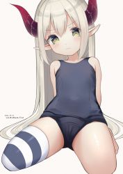 Rule 34 | 1girl, bare shoulders, blue one-piece swimsuit, blush, brown background, brown eyes, closed mouth, commentary request, curled horns, dated, demon horns, emma august, hair between eyes, head tilt, highres, hirota fruit, horns, light brown hair, light smile, long hair, looking at viewer, nijisanji, old school swimsuit, one-piece swimsuit, pointy ears, school swimsuit, signature, simple background, single thighhigh, solo, striped clothes, striped thighhighs, swimsuit, thighhighs, twitter username, very long hair, virtual youtuber