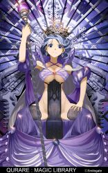 Rule 34 | 1girl, blue eyes, blue hair, crown, dress, eyehead, hand on own thigh, highres, holding, holding scepter, non-web source, purple dress, queen, qurare magic library, scepter, sky, star (sky), starry sky