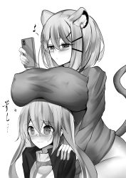 Rule 34 | 1boy, absurdres, animal ear fluff, animal ears, ansel (arknights), arknights, blush, breast rest, breasts, breasts on head, cellphone, closed mouth, covered erect nipples, dress, earphones, ears down, eighth note, greyscale, hair ornament, hairclip, hand on another&#039;s shoulder, hetero, highres, huge breasts, jacket, kokihanada, looking at phone, monochrome, musical note, necktie, no panties, nose blush, open clothes, open jacket, phone, rabbit ears, short hair, simple background, smartphone, sweater, sweater dress, tail, translation request, utage (arknights), wavy hair, white background