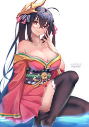 Rule 34 | 1girl, absurdres, ahoge, akanora, artist name, azur lane, bare shoulders, black hair, black sash, black thighhighs, breasts, cleavage, commentary, grin, hair between eyes, hair ribbon, head tilt, highres, huge filesize, japanese clothes, kimono, large breasts, long hair, looking at viewer, mask, mask on head, no shoes, obi, off shoulder, parted lips, red eyes, red kimono, red ribbon, ribbon, sash, simple background, sitting, smile, solo, taihou (azur lane), thighhighs, thighs, twintails, very long hair, white background