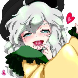 Rule 34 | 1girl, ahegao, blush, drooling, female focus, finger in own mouth, grey hair, hat, komeiji koishi, lowres, nail polish, open mouth, saliva, saliva trail, sexually suggestive, solo, tongue, touhou, upper body, white background, yukimimi