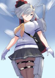 Rule 34 | 1girl, 30-06, adapted turret, anti-aircraft, anti-aircraft gun, blue eyes, blue sailor collar, blue sky, breasts, cannon, cloud, cloudy sky, cowboy shot, gloves, grey hair, hair ornament, hair over one eye, hairclip, hamakaze (kancolle), highres, kantai collection, large breasts, looking at viewer, machinery, mast, neckerchief, outdoors, pantyhose, pleated skirt, rigging, sailor collar, school uniform, serafuku, short hair, short sleeves, skirt, sky, smile, smokestack, solo, torpedo, torpedo launcher, torpedo tubes, turret, white gloves, yellow neckerchief