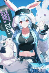 Rule 34 | 1girl, animal, animal ears, blue footwear, blue hair, boots, breasts, closed mouth, collarbone, dog tags, dolce (dolsuke), goggles, goggles on head, highres, holding, holding animal, hood, long hair, looking at viewer, low twintails, medium breasts, midriff, navel, original, pants, rabbit, rabbit ears, red eyes, sitting, smile, snowboard, solo, twintails, white pants