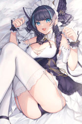 Rule 34 | 1girl, :d, animal ears, ass, azur lane, bare shoulders, bed sheet, black hair, black panties, blue eyes, breasts, cat ears, cheshire (azur lane), cleavage, coyucom, detached sleeves, dress, fake animal ears, fang, frilled dress, frills, garter straps, hands up, headdress, highres, large breasts, looking at viewer, lying, multicolored hair, nail polish, on back, open mouth, panties, paw pose, short hair, smile, solo, streaked hair, thighhighs, underwear, white thighhighs, wing collar, wrist cuffs