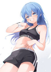 Rule 34 | 1girl, absurdres, adapted costume, black pants, blue eyes, blue hair, blue nails, bra, breasts, character name, eat some cookie, hair between eyes, highres, hololive, hololive dance practice uniform, hoshimachi suisei, long hair, looking at viewer, medium breasts, nail polish, navel, pants, revision, shorts, simple background, smile, solo, standing, stomach, sweatband, teeth, training bra, underwear, virtual youtuber, white background