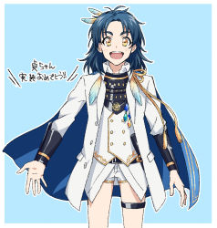 Rule 34 | 10s, 1boy, :d, blue hair, cape, feather hair ornament, feathers, feather hair ornament, male focus, matsuki (mikipingpong), open mouth, shorts, smile, solo, taikogane sadamune, text focus, touken ranbu, translation request, waistcoat, yellow eyes