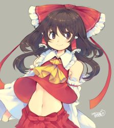 Rule 34 | 1girl, 2015, ascot, asymmetrical hair, blush, bow, brown eyes, brown hair, dated, detached sleeves, grey background, hair bow, hair ornament, hair ribbon, hair tubes, hakurei reimu, iroyopon, japanese clothes, long sleeves, looking to the side, midriff, miko, navel, ribbon, shirt, signature, simple background, skirt, smile, solo, touhou, upper body, wide sleeves