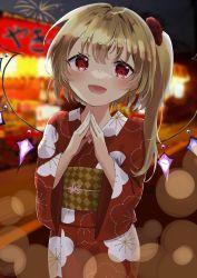 Rule 34 | 1girl, :d, alternate costume, blonde hair, blurry, blurry background, blush, bokeh, bow, commentary request, cowboy shot, crystal, depth of field, fireworks, flandre scarlet, floral print, hair bow, hands up, happy, highres, kamachi (kamati0maru), long sleeves, looking at viewer, market stall, night, no headwear, one side up, open mouth, outdoors, red bow, red eyes, short hair, smile, solo, steepled fingers, touhou, wide sleeves, wings