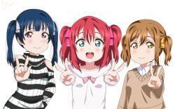 Rule 34 | &gt;:), 10s, 3girls, :d, alternate hairstyle, aqua eyes, blue hair, brown eyes, brown hair, clothing cutout, dated, double v, hair ribbon, highres, kunikida hanamaru, kurosawa ruby, looking at viewer, love live!, love live! sunshine!!, multiple girls, open mouth, pink ribbon, purple eyes, red hair, ribbed sweater, ribbon, shoulder cutout, simple background, smile, sooki, striped clothes, striped sweater, sweater, tsushima yoshiko, twintails, twintails day, two side up, upper body, v, v-shaped eyebrows, white background, white ribbon, yellow ribbon