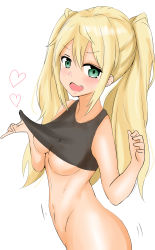 Rule 34 | 1girl, absurdres, bare shoulders, blonde hair, blush, breasts, clothes lift, dumbbell nan kilo moteru?, fang, free chess, green eyes, heart, highres, long hair, medium breasts, motion lines, navel, open mouth, sakura hibiki, simple background, smile, solo, sports bra, sports bra lift, standing, twintails, underboob, white background