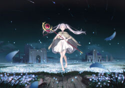 Rule 34 | 1girl, absurdres, barefoot, belt, black belt, brown cloak, cloak, closed eyes, commentary, dress, facing viewer, falling, field, floating, flower, flower field, frieren, full body, grey hair, highres, holding, holding staff, house, long hair, night, night sky, outdoors, parted lips, pointy ears, shooting star, sky, solo, sousou no frieren, staff, star (sky), starry sky, tooku0, twintails, white dress