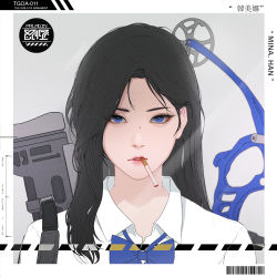 Rule 34 | 1girl, absurdres, barcode, black hair, blue bow, blue bowtie, blue eyes, bow, bowtie, character name, cigarette, collared shirt, english text, grey background, highres, long hair, looking at viewer, mole, mouth hold, park junkyu, pink lips, portrait, shirt, solo, the girls of armament, weapon, weapon on back, white shirt