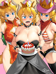 Rule 34 | 3girls, american flag bikini top, armlet, artist name, bandana, bare shoulders, bikini, bikini top only, birthday, birthday cake, black dress, black legwear, blonde hair, blue eyes, blush, bowsette, bracelet, breasts, cake, candle, china dress, chinese clothes, cleavage, cleavage cutout, clothing cutout, collar, cowboy hat, crown, dress, earrings, fang, female focus, fingernails, fire, food, fruit, grin, hat, highres, holding, horns, jewelry, large breasts, long fingernails, long hair, mario (series), multiple girls, navel, nintendo, obui, open mouth, plate, pointy ears, red dress, sharp teeth, shorts, sideboob, signature, skindentation, smile, spiked armlet, spiked bracelet, spiked collar, spikes, strawberry, striped bikini, striped clothes, super crown, swimsuit, tearing up, tears, teeth, thighhighs, tongue, tongue out, underboob