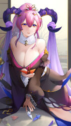 Rule 34 | 1girl, absurdres, bare shoulders, breasts, cleavage, commentary request, curled horns, fire emblem, fire emblem heroes, frilled sleeves, frills, fur-trimmed collar, fur-trimmed kimono, fur trim, goat horns, hair ornament, highres, horns, huge breasts, ikura (downdexp), japanese clothes, kimono, large horns, leaning forward, long hair, multicolored hair, nerthuz (fire emblem), nerthuz (new year) (fire emblem), nintendo, off shoulder, official alternate costume, origami, paper crane, pink hair, ponytail, purple eyes, purple hair, purple horns, purple veil, signature, smile, solo, two-tone hair, very long hair