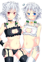 Rule 34 | 2girls, alternate eye color, animal ears, atm (artist), bell, black legwear, blue eyes, blush, bow, braid, breast padding, breasts, cat ear panties, cat ears, cat lingerie, choker, cleavage, cleavage cutout, clothing cutout, collarbone, dual persona, flying sweatdrops, garter straps, hair bow, highres, izayoi sakuya, jingle bell, kemonomimi mode, looking at viewer, maid headdress, meme attire, midriff, multiple girls, navel, neck bell, open mouth, panties, red eyes, short hair, side-tie panties, simple background, small breasts, smile, text focus, thighhighs, touhou, twin braids, underwear, underwear only, white background, white legwear, wrist cuffs