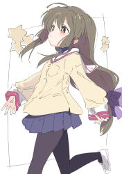 Rule 34 | 1girl, ahoge, black pantyhose, blue skirt, bow, brown eyes, brown hair, clannad, closed mouth, commentary request, hair bow, hikarizaka private high school uniform, ibuki fuuko, ixy, long hair, long sleeves, pantyhose, pleated skirt, purple bow, school uniform, shoes, skirt, solo, star (symbol), turtleneck, walking, white background, white footwear
