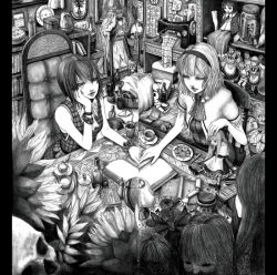 Rule 34 | 2girls, adapted costume, alice margatroid, bare shoulders, book, bookshelf, bottle, cake, chair, cup, doll, doll joints, female focus, flower, food, greyscale, hairband, hane (azelye), head rest, joints, kazami yuuka, letterboxed, monochrome, multiple girls, room, sewing machine, shanghai doll, short hair, sitting, skull, sleeveless, sunflower, symmetry, table, teacup, teapot, touhou