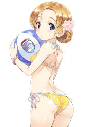 Rule 34 | 10s, 1girl, :o, ass, back, ball, banner, bare shoulders, beachball, beads, bikini, blonde hair, blue eyes, blush, bracelet, braid, breasts, butt crack, cowboy shot, cup, emblem, flower, french braid, from side, girls und panzer, hair flower, hair ornament, highres, holding, holding ball, jewelry, light brown hair, looking at viewer, looking back, nagayori, orange pekoe (girls und panzer), parted lips, polka dot, polka dot bikini, short hair, side-tie bikini bottom, simple background, small breasts, solo, standing, swimsuit, teacup, teapot, white background, yellow bikini