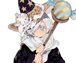 Rule 34 | 1boy, black cloak, candy wrapper, cloak, cookie run, food, food on head, hair over one eye, hat, holding, holding staff, humanization, ice cream, object on head, sapphire (nine), scarf, simple background, solo, staff, upper body, white background, white hair, white scarf, wizard cookie, wizard hat