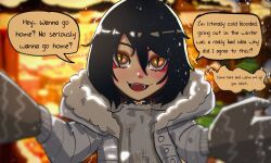 Rule 34 | 1girl, :d, absurdres, basedbinkie, black hair, blush, coat, cold, commentary, english commentary, english text, fangs, highres, incoming hug, looking at viewer, meme, nose blush, open mouth, original, outdoors, pov, pov cheek warming (meme), reptile girl, short hair, slit pupils, smile, solo, speech bubble, upper body, winter, xiang (basedbinkie), yellow eyes